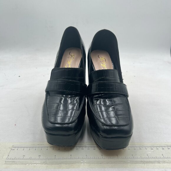 FOWT Black Chunky Heel Loafer Square Toe High Heel Slip-on Crocodile-Text Pumps - Picture 3 of 8